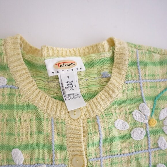 Talbots Petites Green Knit Yellow Checkered Embroidered Daisy Button Cardigan P - Picture 11 of 11